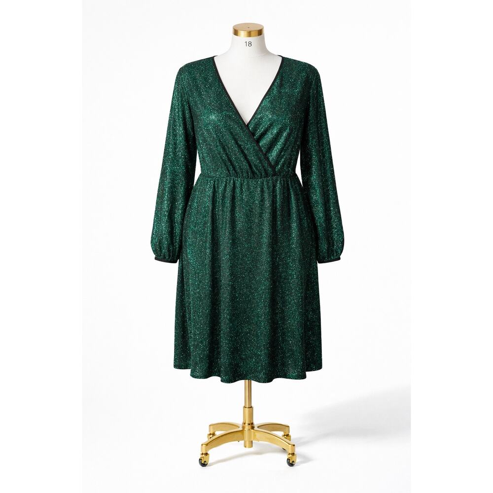 Women Plus Size 3XL Green Sparkly Dress Long Sleeve V Neck Cocktail Club Dress